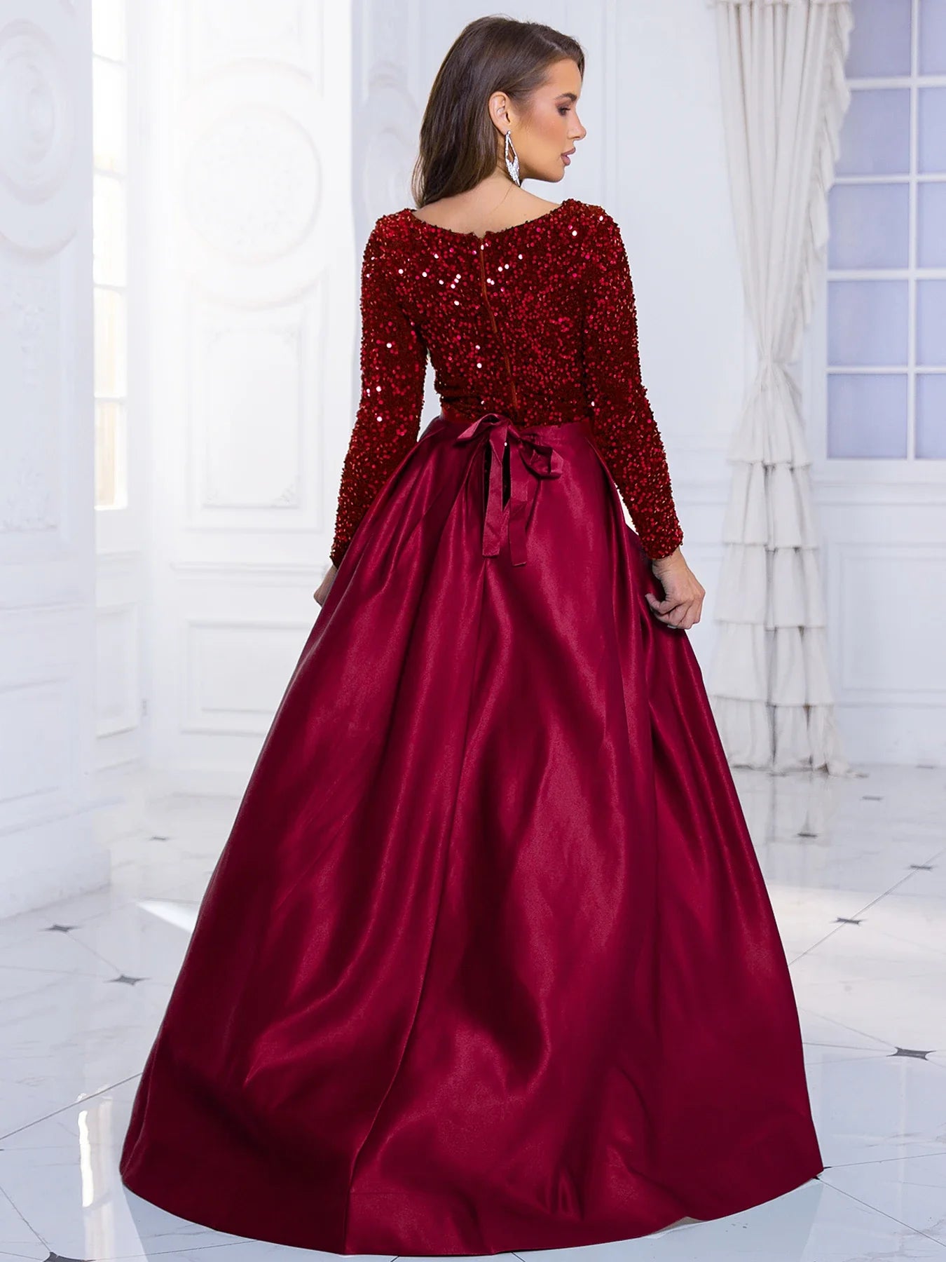 Red Sequin Party Dress With Detachable Lace Up Skirt