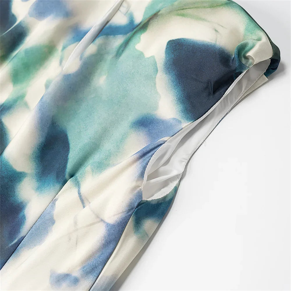 Silk Texture Printed Midi Dress Sleeveless Slim Fit