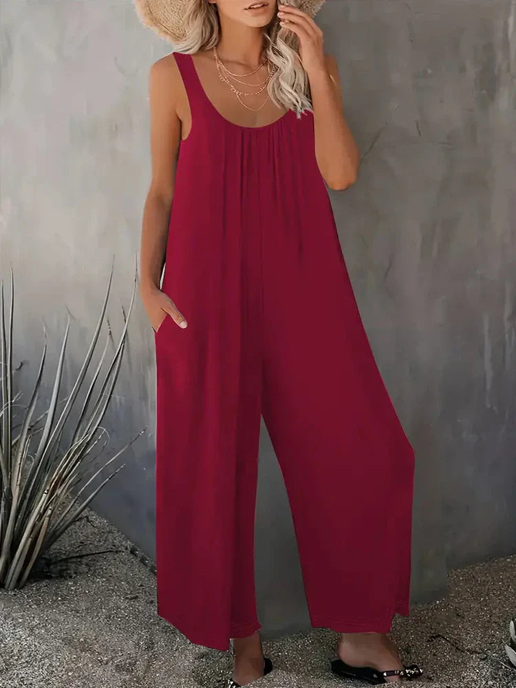 Loose Solid Color Wide Leg Jumpsuit with Sleeveless Scoop Neck Pockets Summer Casual Comfortable Pullover Romper for Women