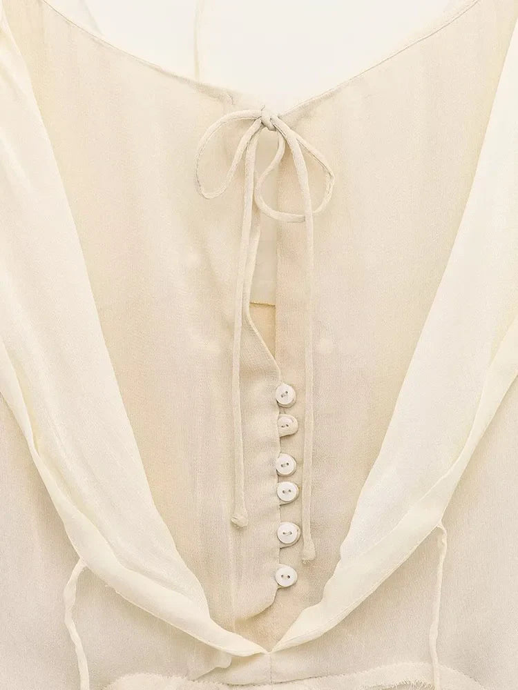 Women's Summer Chiffon Blouse with O-Neck Drawstring Bow Elegant Lightweight Thin Top