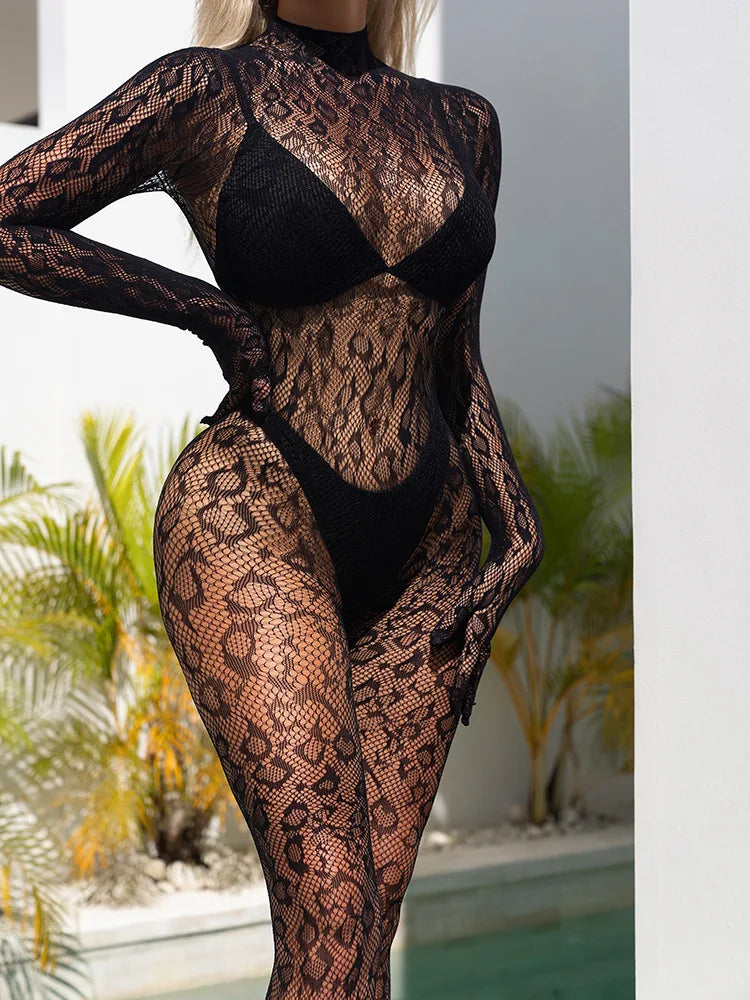 Women's Sexy Full Body Fishnet Jumpsuit Bodysuit Mesh See-Through Lingerie Bodystocking Nightwear with Long Sleeves and Stretch Fit