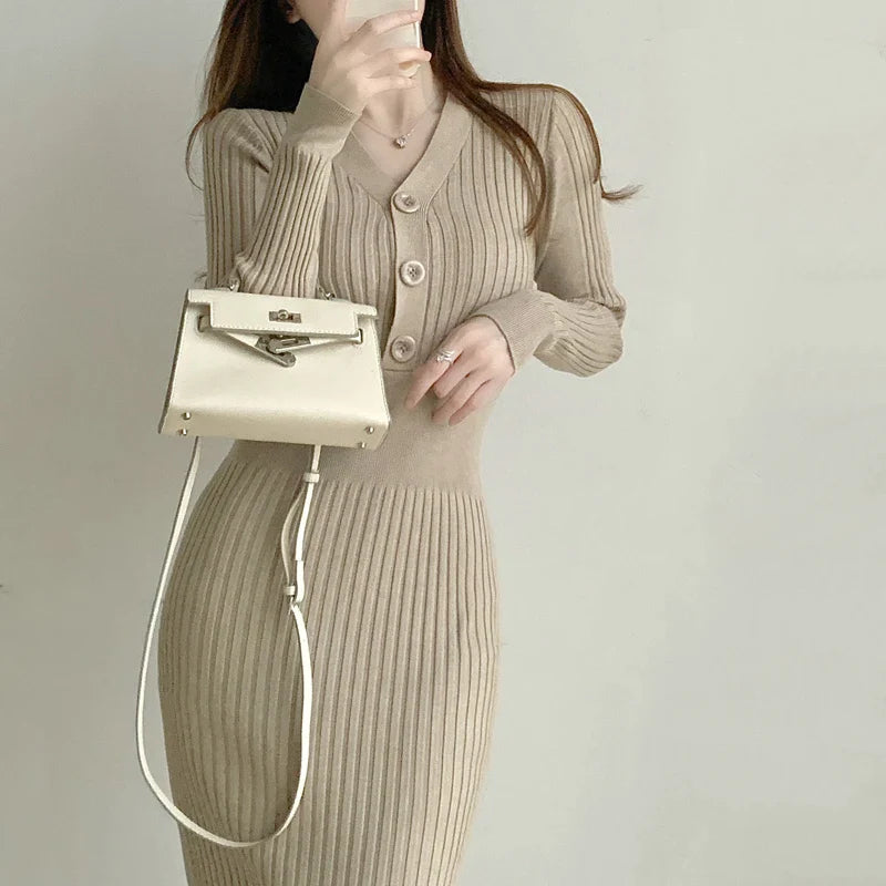 Knit Sweater Dress For Women V Neck Maxi With Buttons