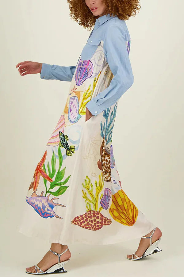 Personality Printed Long Sleeve Single Breasted Shirt with Lapel Collar and Skirt Set for Women