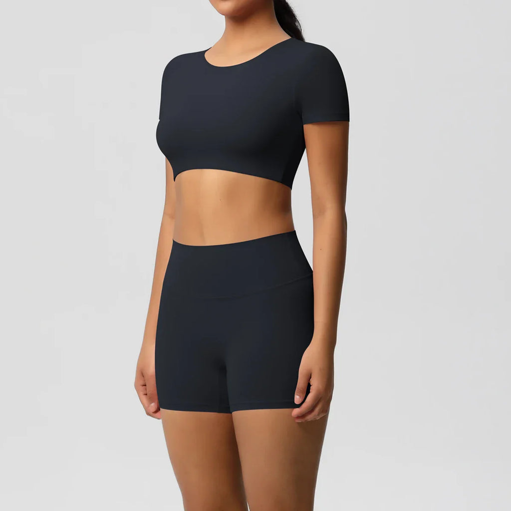 2PCS Women's Fitness Yoga Set High Waist Shorts with Short Sleeve Gym Top Seamless Sportswear Tracksuit for Activewear