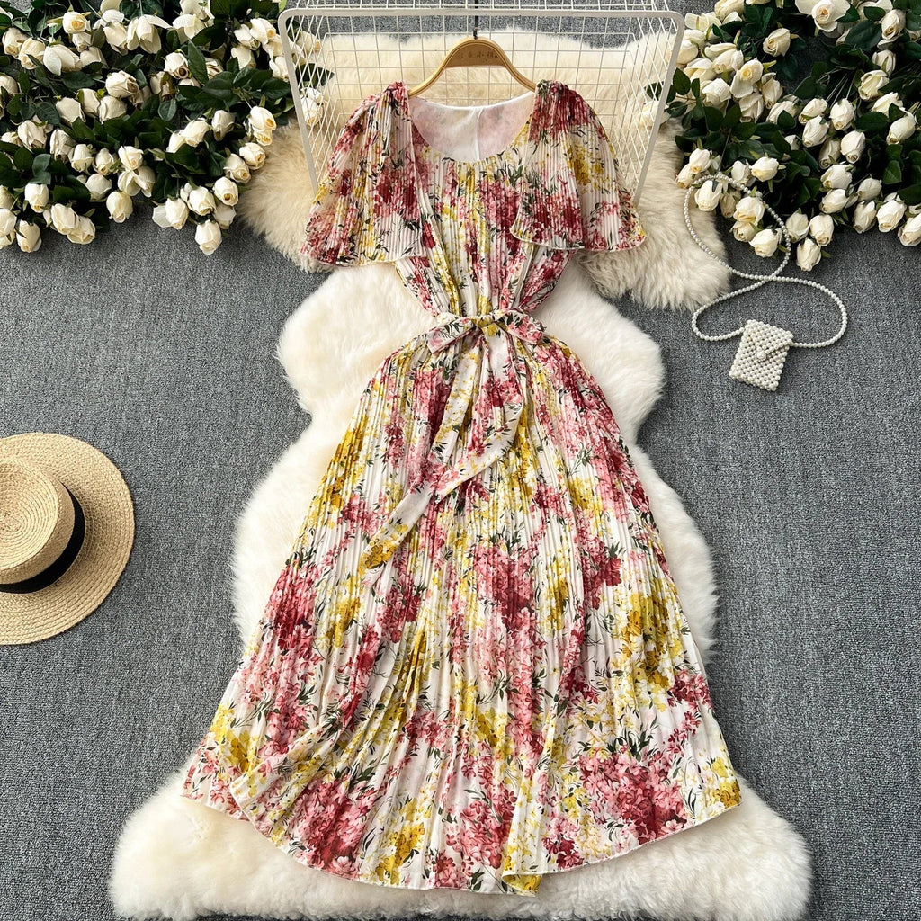 Retro Floral Chiffon Midi Dress With Ruffle Details