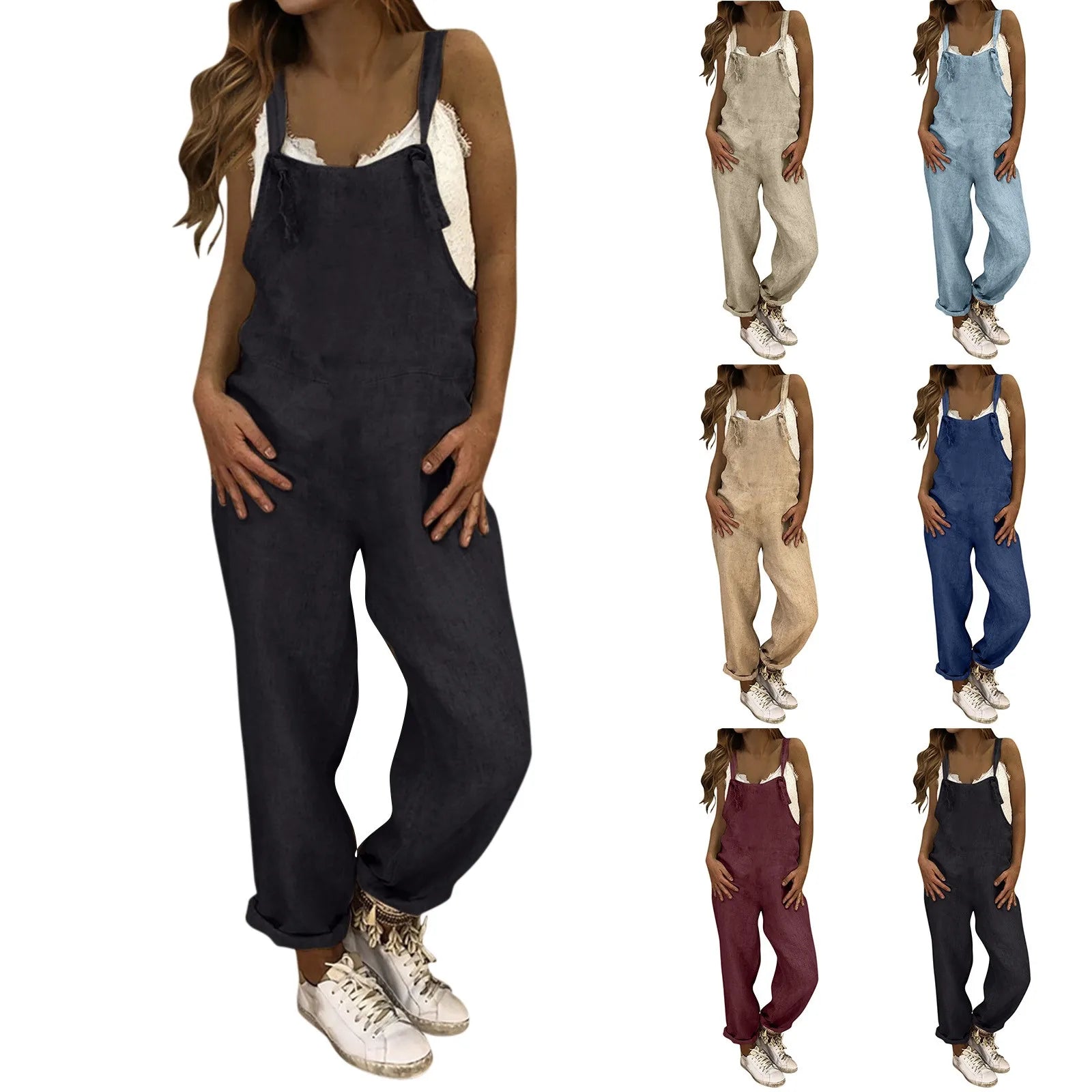 Women Plus Size Casual Loose Overalls Jumpsuit Solid Color Baggy Dungarees Romper Retro Fashion Trend Classic All-Match Comfortable Playsuit