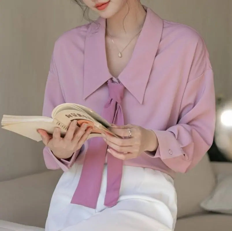 Soft Pink Long Sleeve Women's Shirt Elegant Casual Commuter Top with Gentle Feminine Style