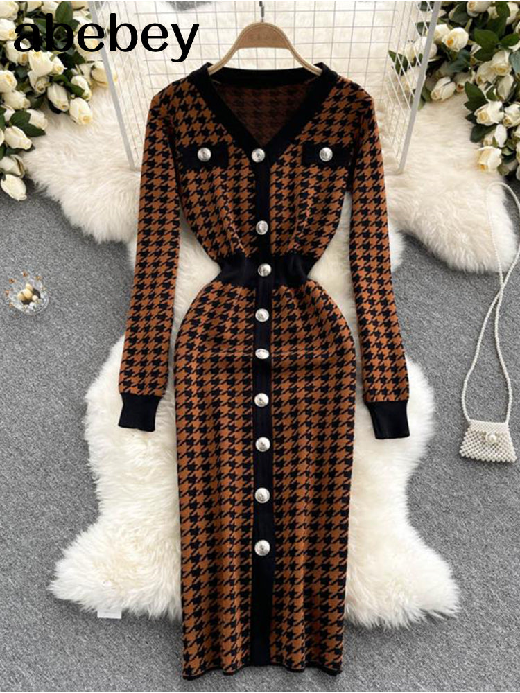 Knitted Bodycon Dress With Long Sleeve V Neck Elastic Fit