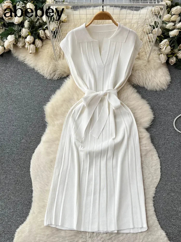 Solid Pleated Knitted Dress For Women Loose Fit Maxi