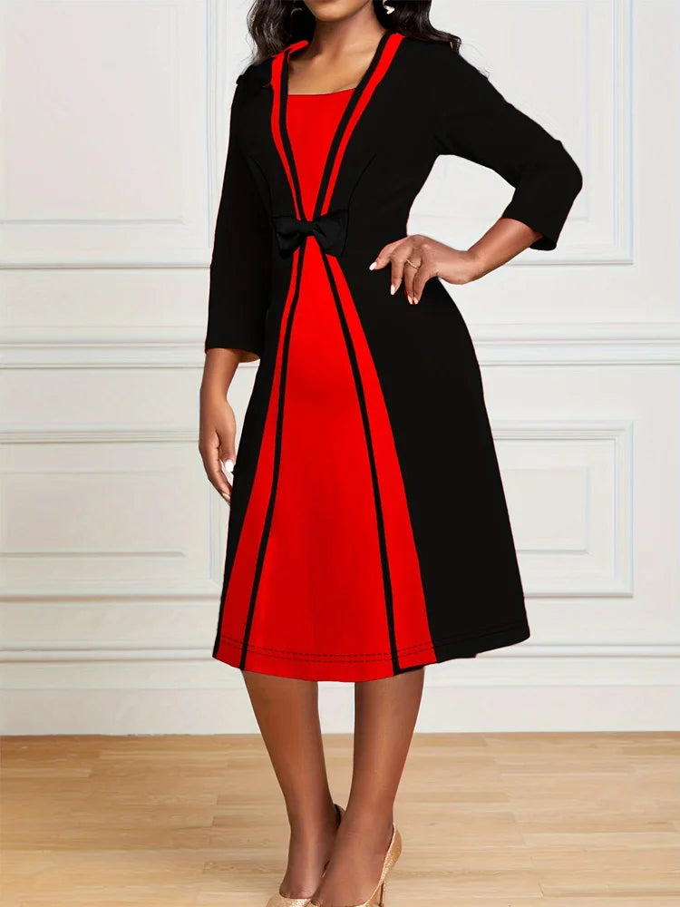 Elegant Square Neck Dress With Patchwork And Bow Details