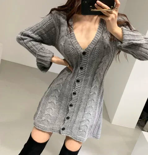 Cable Knit Sweater Dress For Women Long Sleeve Button Down