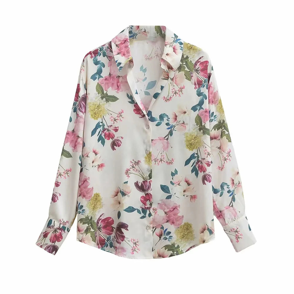 Loose Fit Women's Silk Satin Printed Shirt Versatile Three-Dimensional Slimming Texture for Spring and Summer