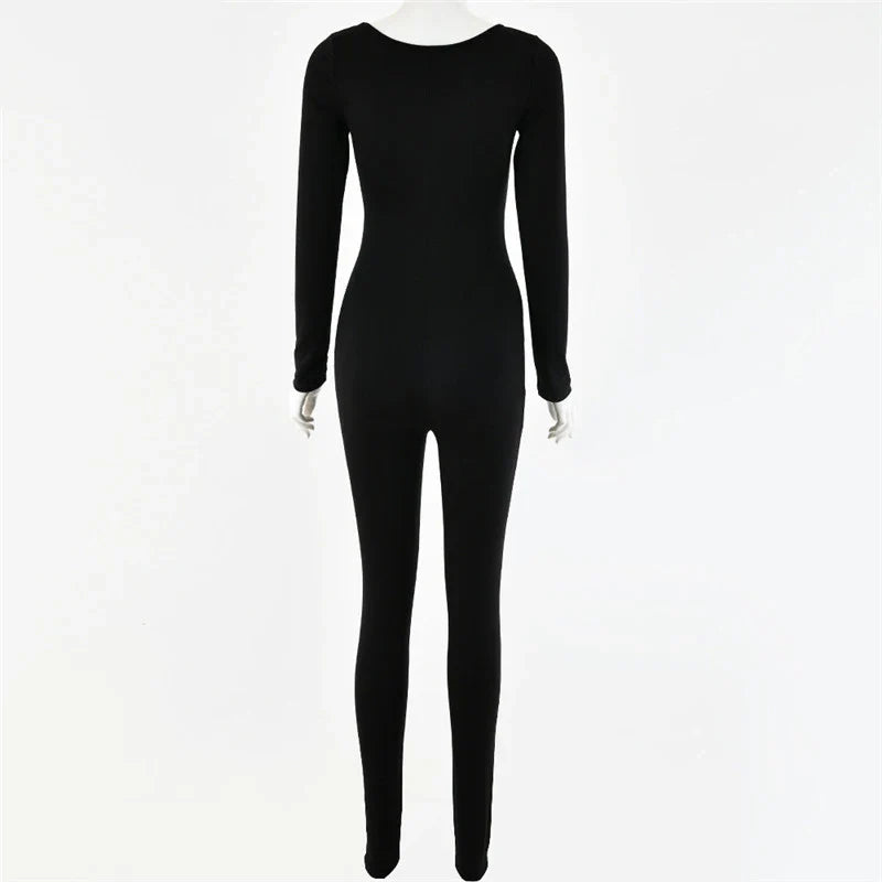 Deep Neck Long Sleeve Skinny Black Stretchy Bodycon Jumpsuit Slim Fit Autumn Winter Fashion Streetwear Romper for Women