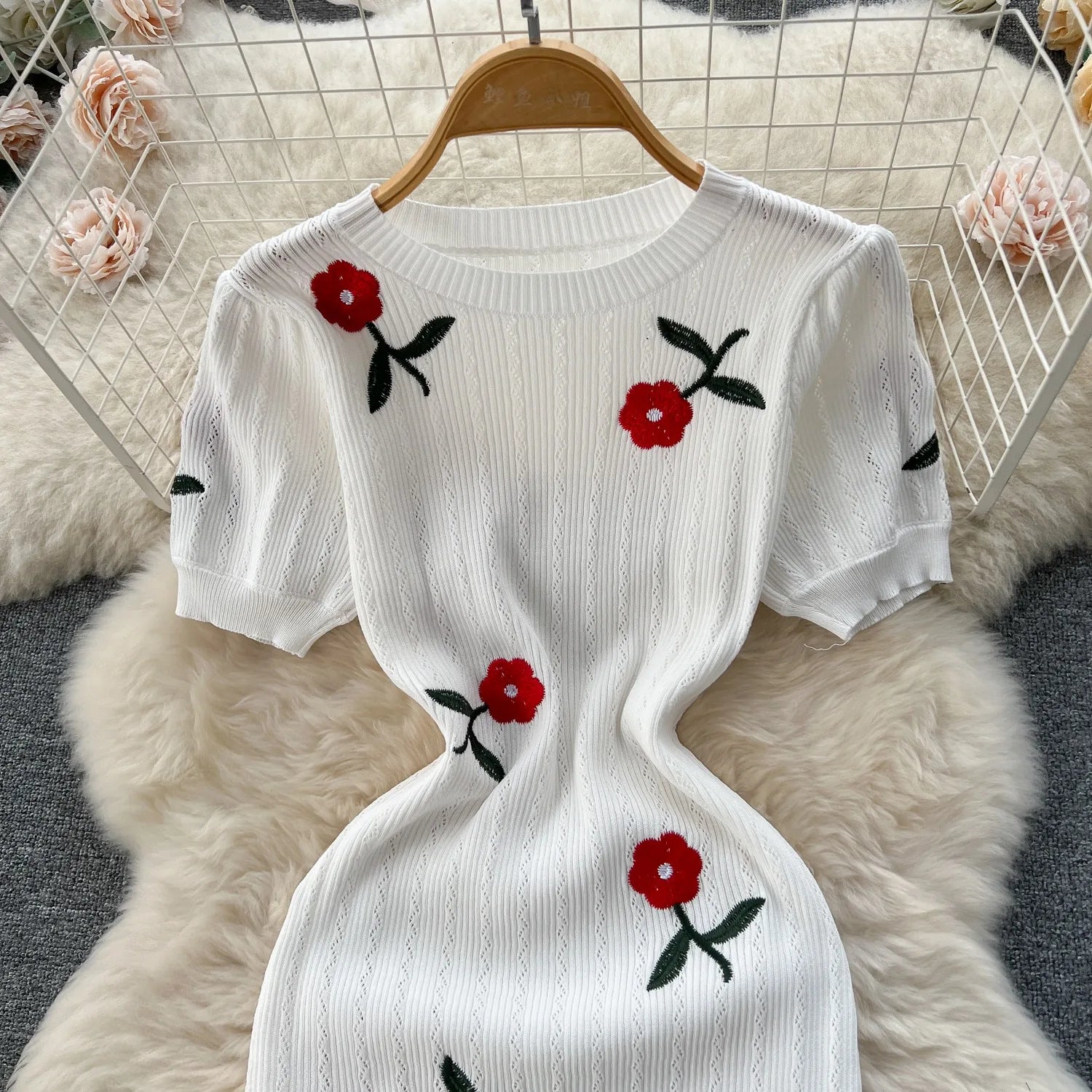 Elegant Summer Knitted Embroidered Bodycon Dress for Women