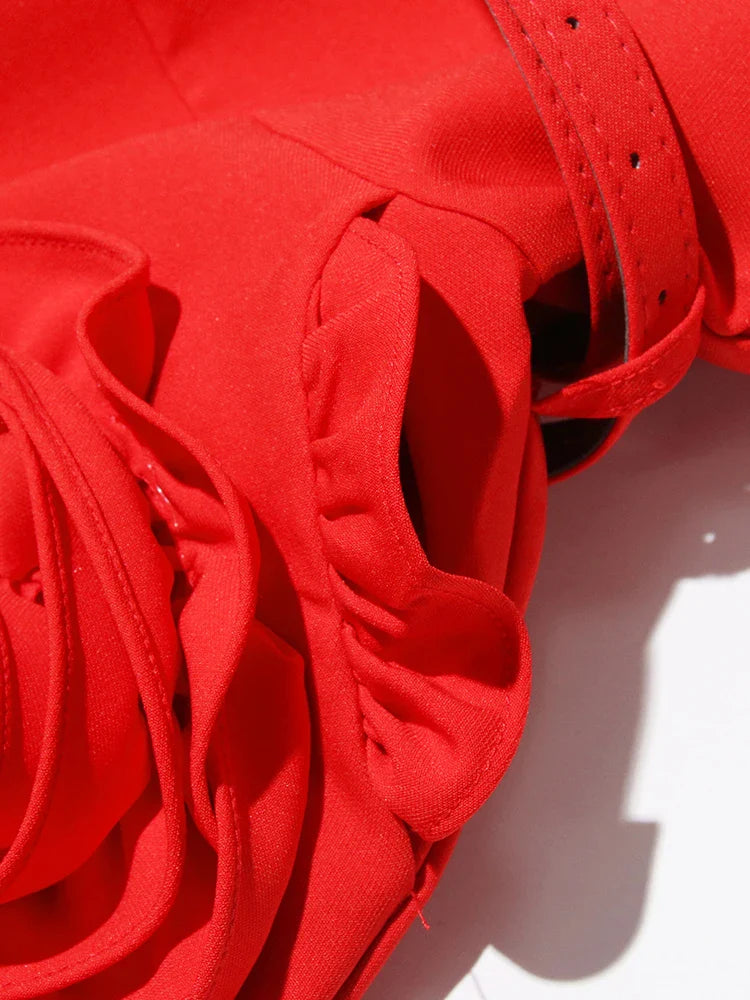 Hollow Out Patchwork Dress For Women V Neck Long Belted