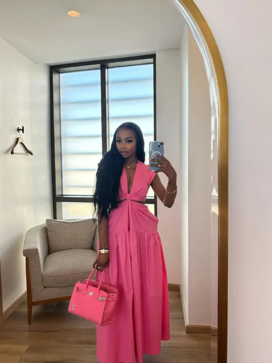 Beach Maxi Dress V Neck Sleeveless Lace Up Solid Color