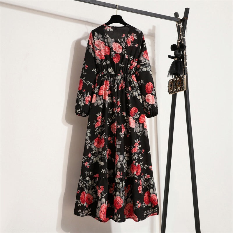 Bohemian Floral Maxi Dress High Waist Chiffon Long Sleeves