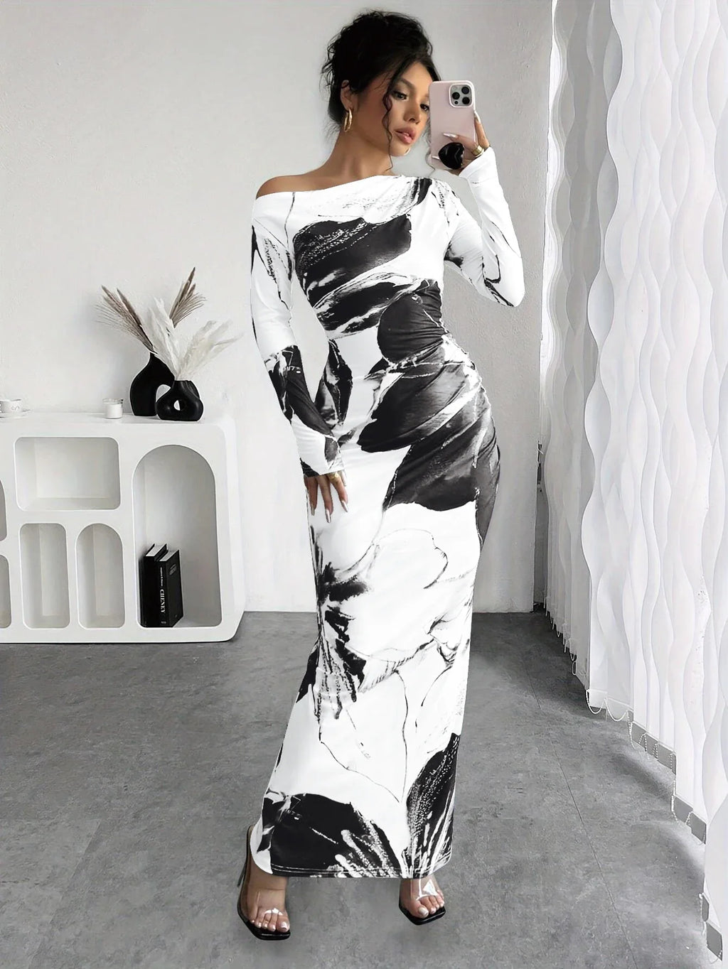 Off Shoulder Dress Slim Fit Printed For Spring Summer