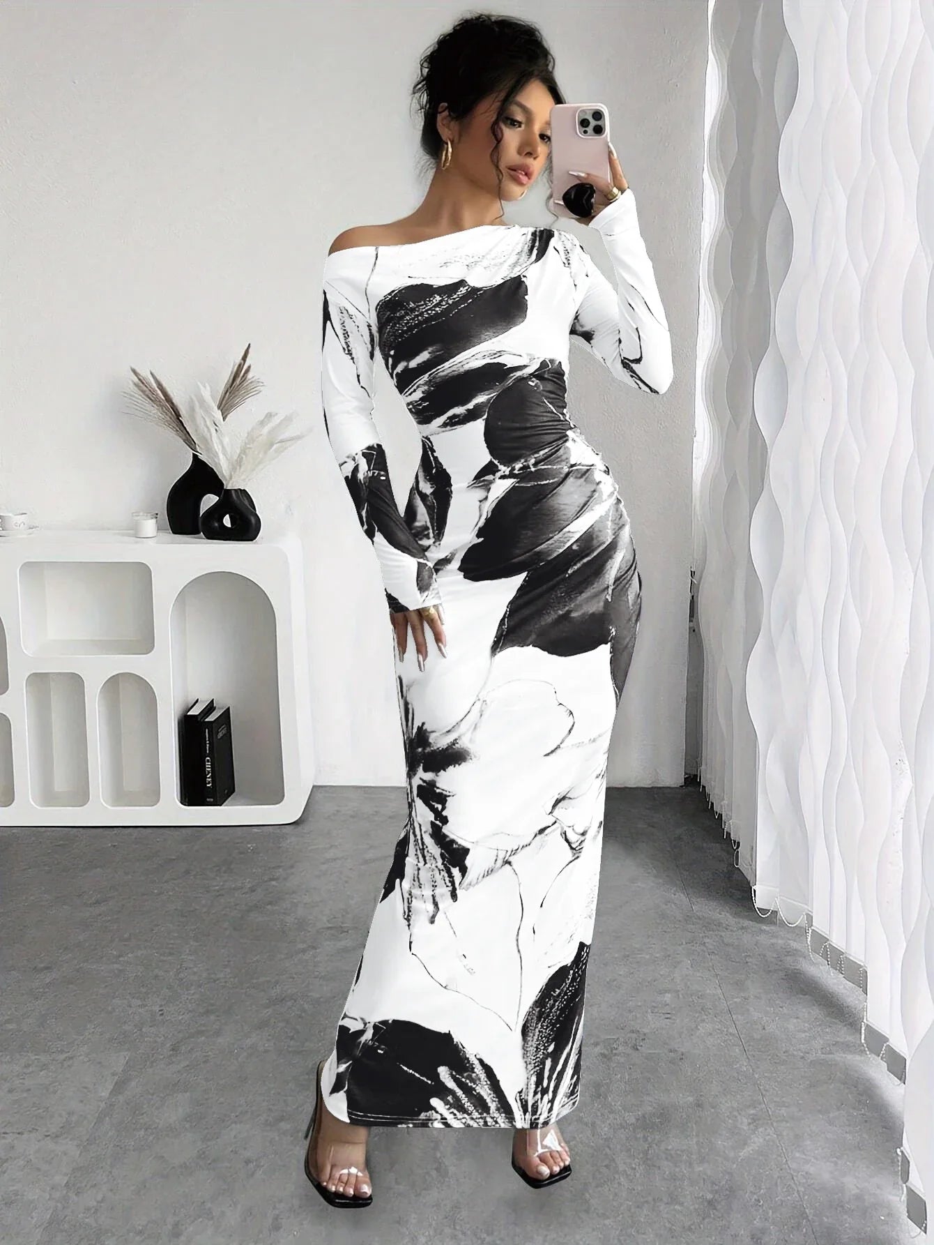 Off Shoulder Dress Slim Fit Printed For Spring Summer