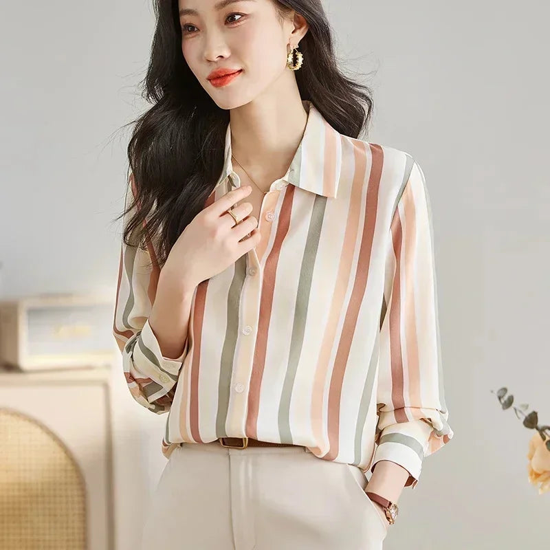 Striped Print Button Front Casual Long Sleeve Shirt for Women Lightweight Blouse for Spring and Fall Women's Tops