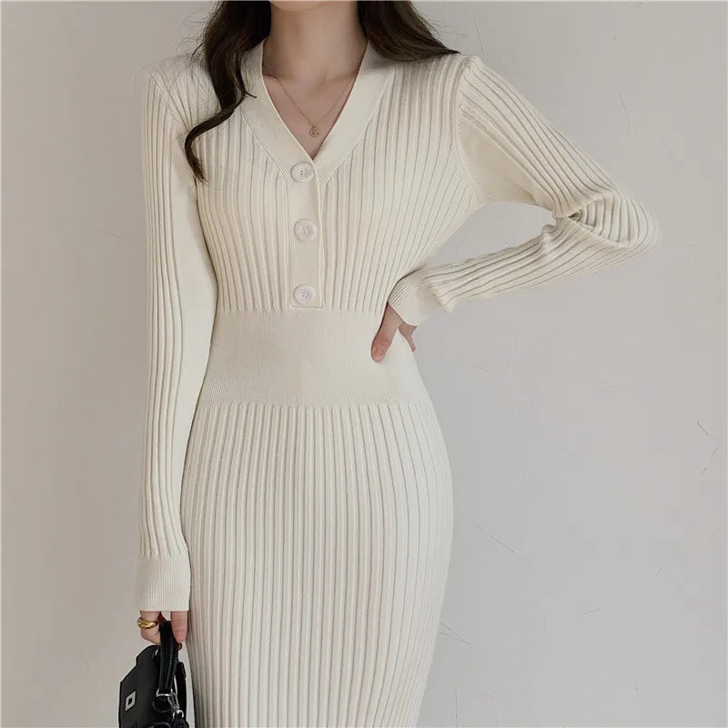 Knit V Neck Women Sweater Dress Long Sleeve Bodycon Office