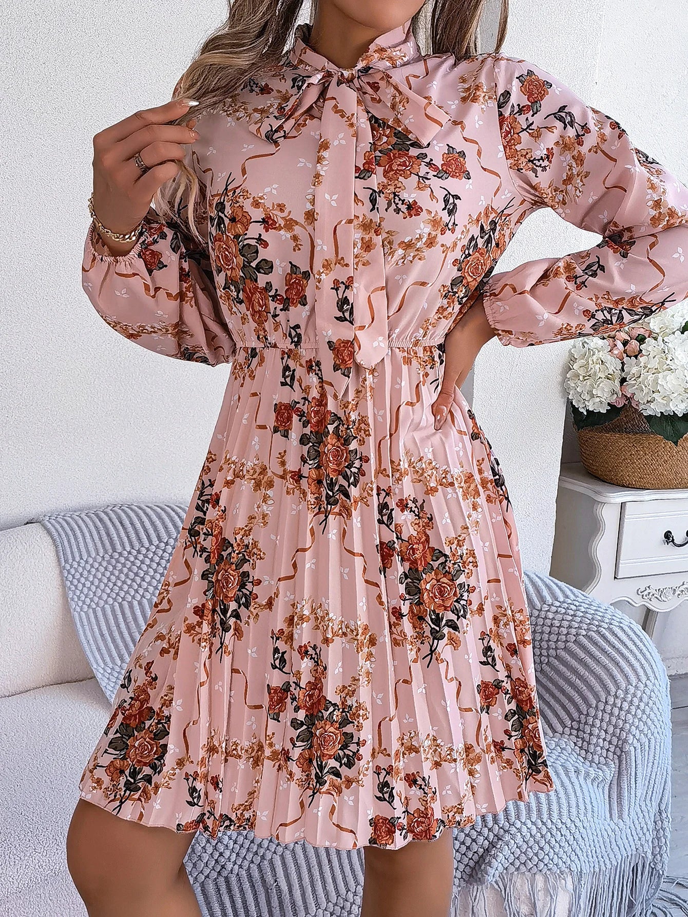 Floral Print Lace Up Long Sleeve Pleated Dress With Bow