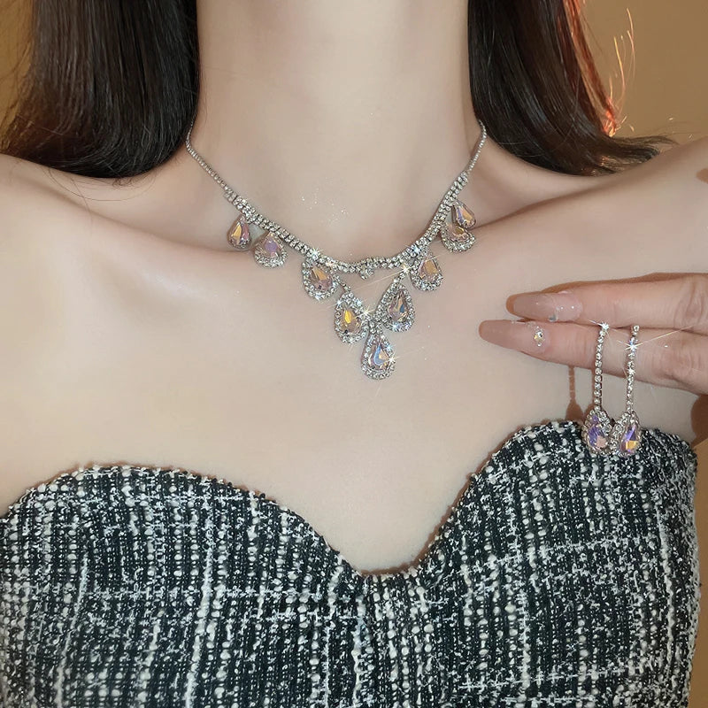 Large Water Drop Rhinestone Necklace and Earrings Set for Women Bridal Wedding Party Jewelry