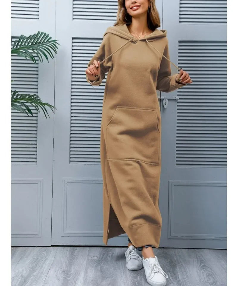 Cozy Knitted Hooded Long Dress With Large Pocket Women