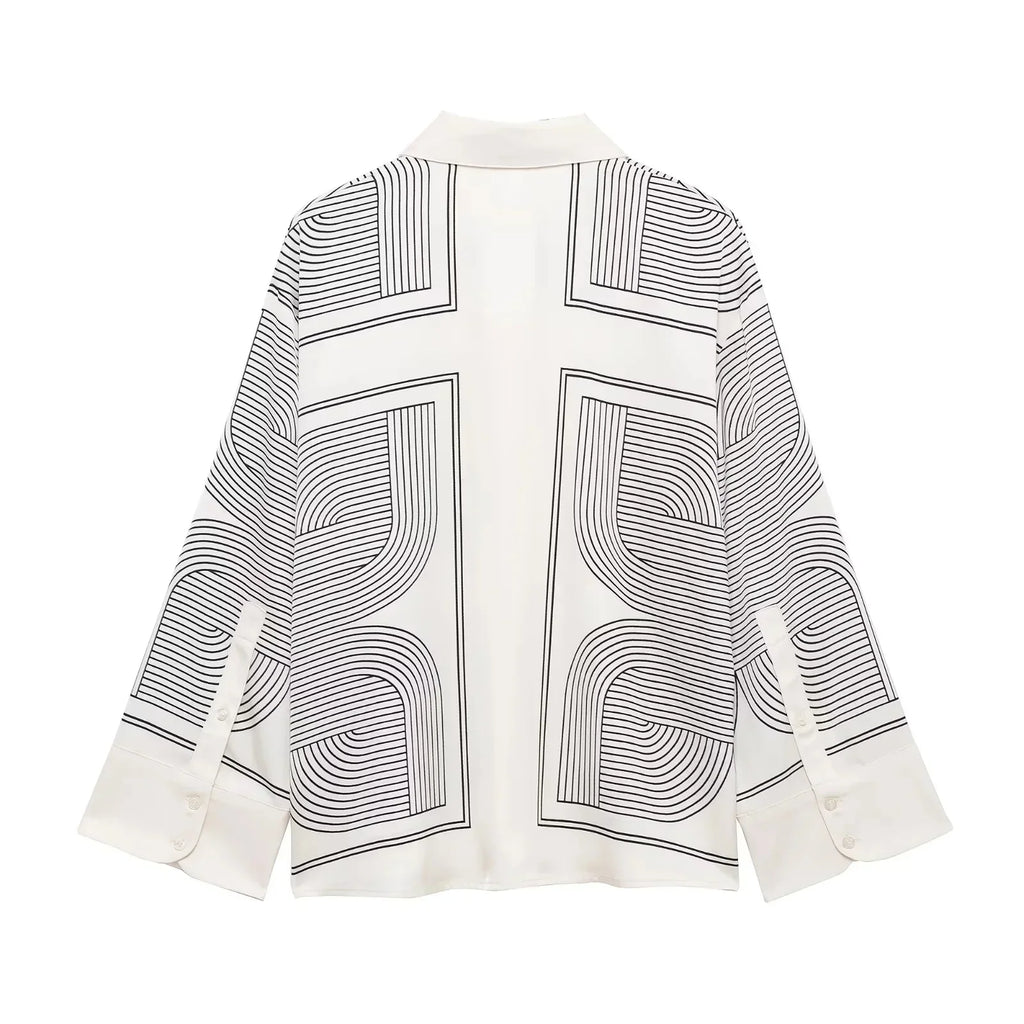 Stylish Women's Suit Set with Long Sleeve Shirt and Wide Leg Pants in Creamy Base and Geometric Patterns