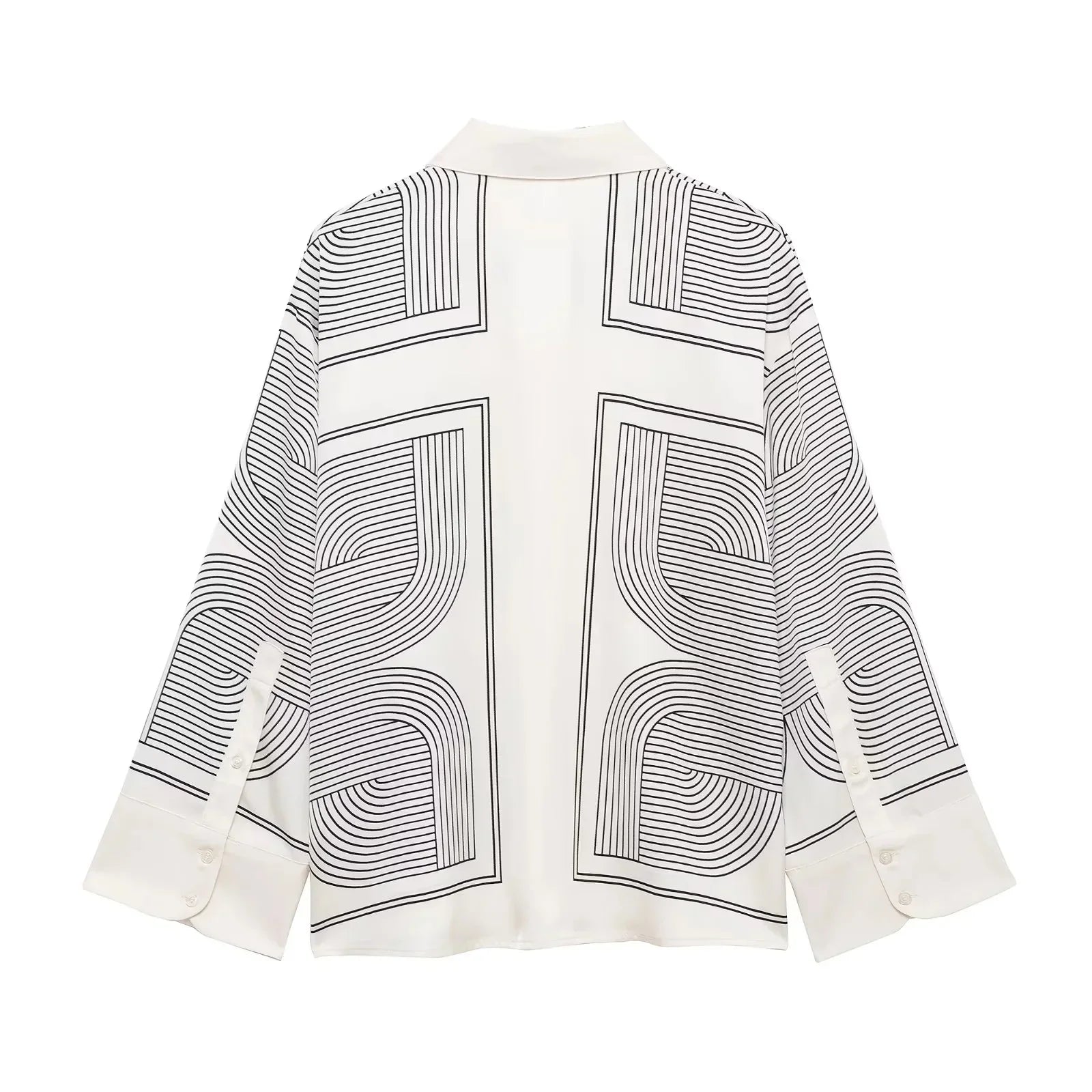 Stylish Women's Suit Set with Long Sleeve Shirt and Wide Leg Pants in Creamy Base and Geometric Patterns