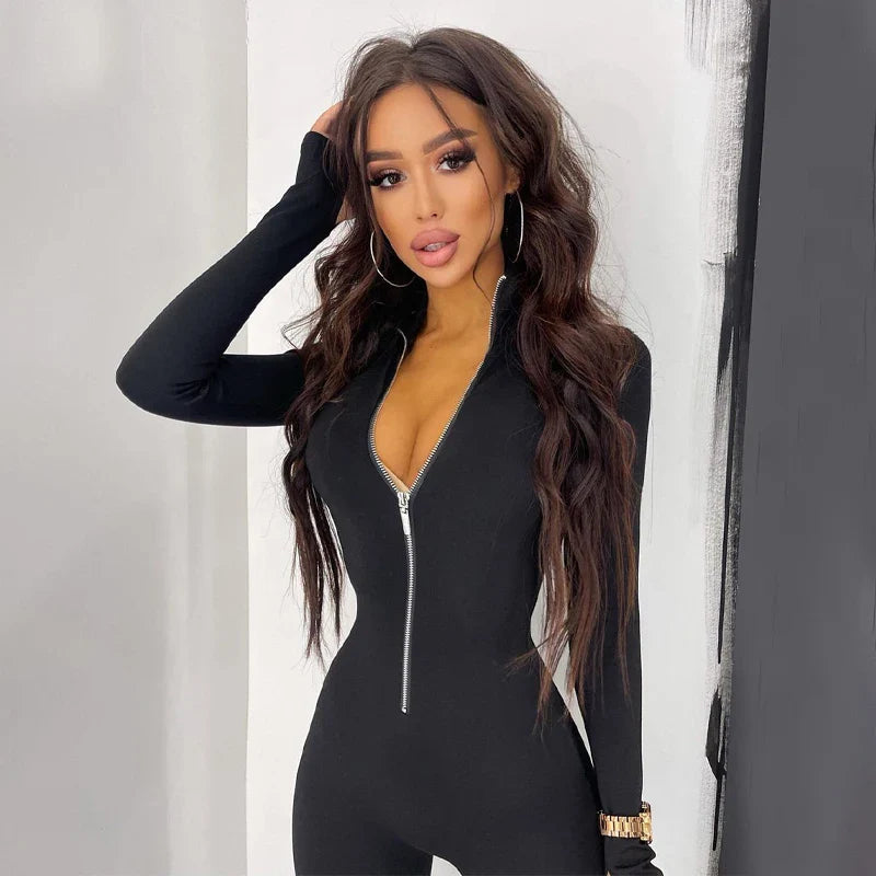 Long Sleeve Zipper Bodycon Jumpsuit Solid Color Casual Sexy Romper Club Streetwear for Autumn and Winter