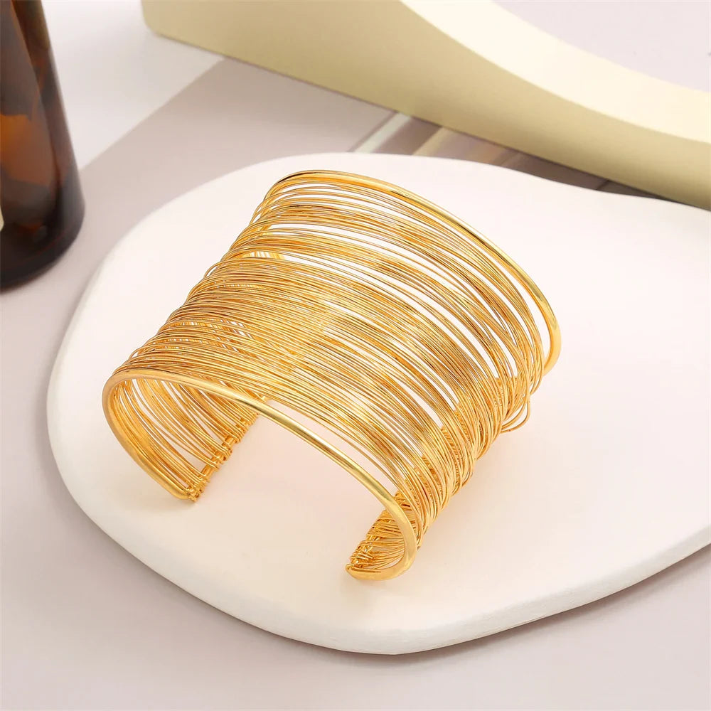 Vintage Hyperbolic Layered Gold Plated Wide Wire Cuff Bracelet for Women Chunky Wrist Wrap Jewelry Gift