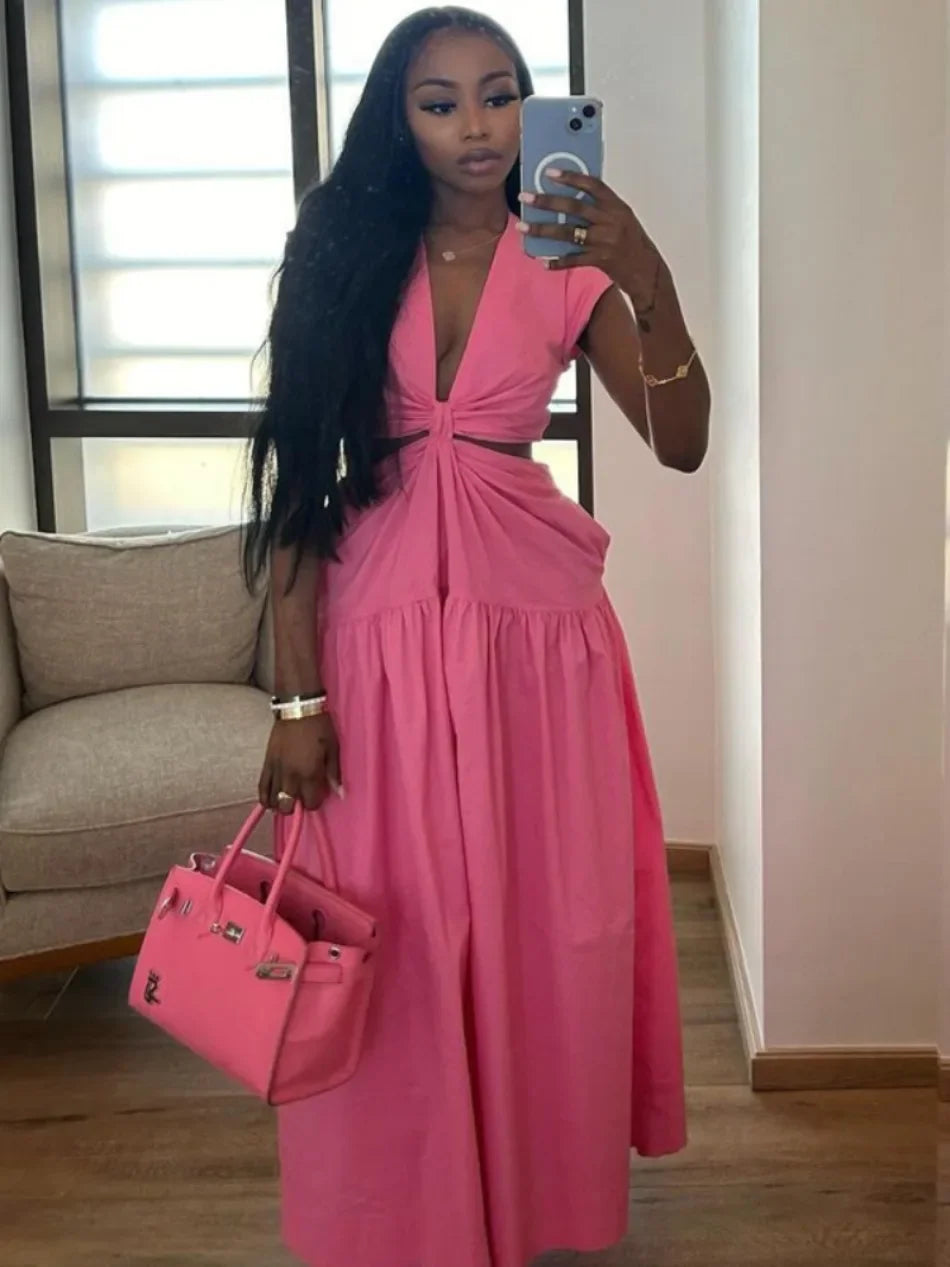 Beach Maxi Dress V Neck Sleeveless Lace Up Solid Color