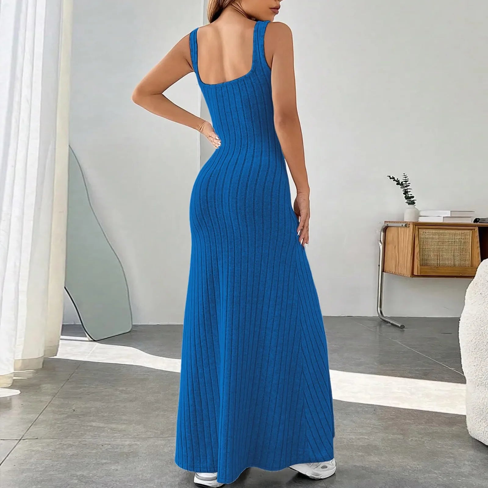 Floral Sundress For Women Pockets Square Neck Tank Dress