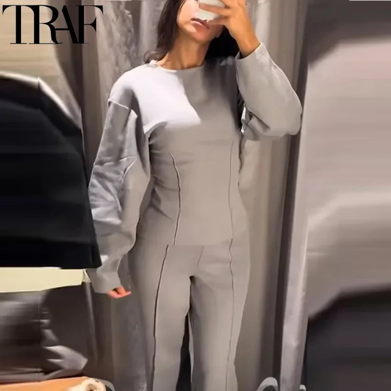 Pleated Long Sleeve Two Piece Pant Set for Women Comfortable Spring Sweatsuit