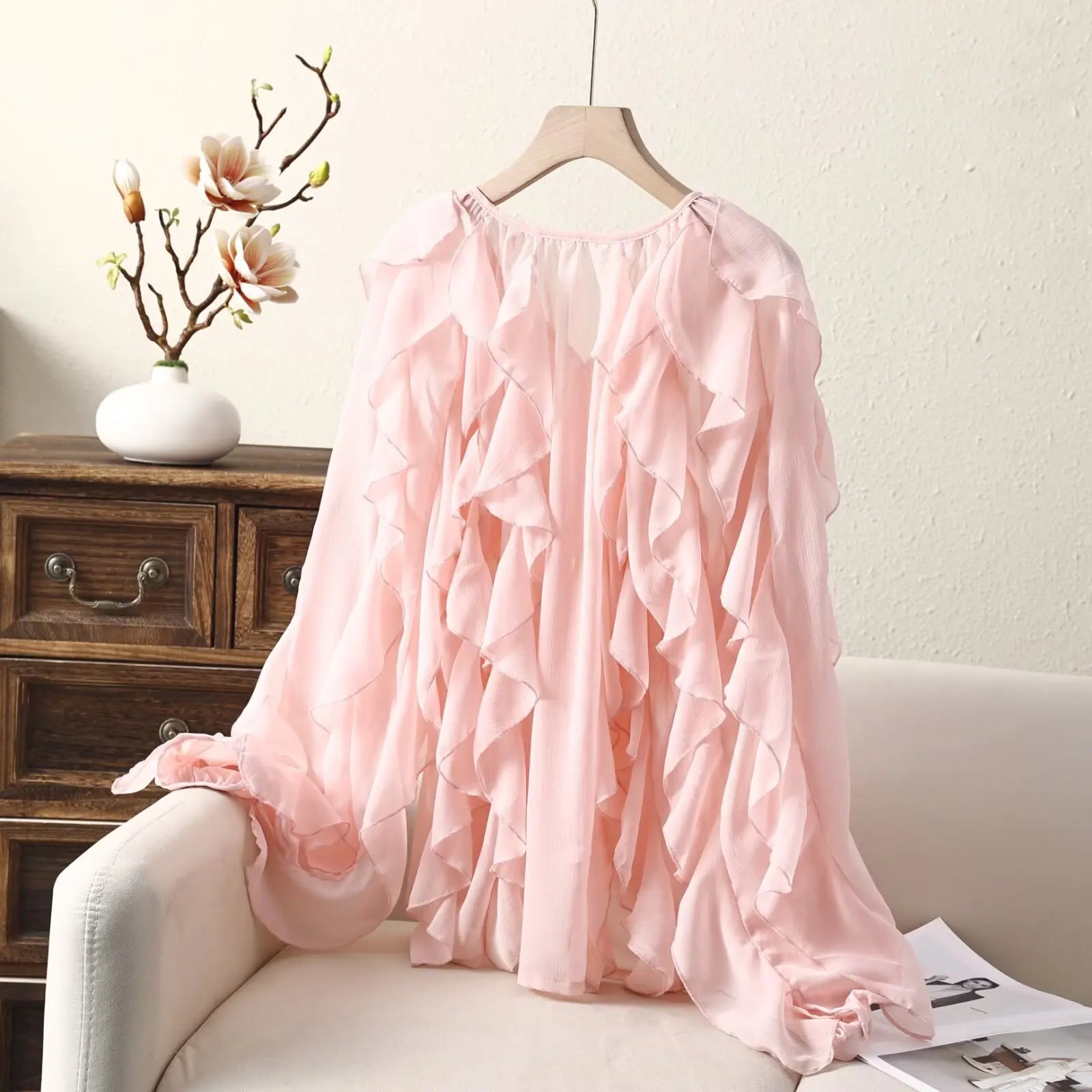 Burgundy Mesh Ruffle Blouse for Women Long Sleeve Sheer Loose Fit Elegant Party Top