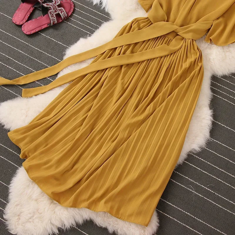 Chiffon Pleated Lace Up V Neck Dress For Women Summer