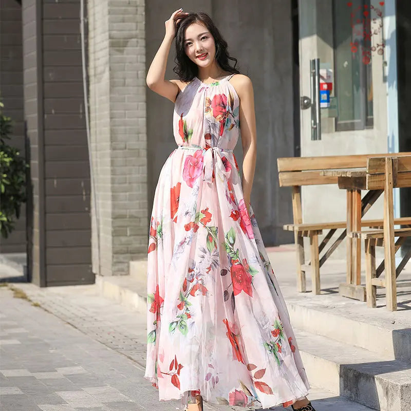 Floral Boho Backless Maxi Dress Women Beach Sundress