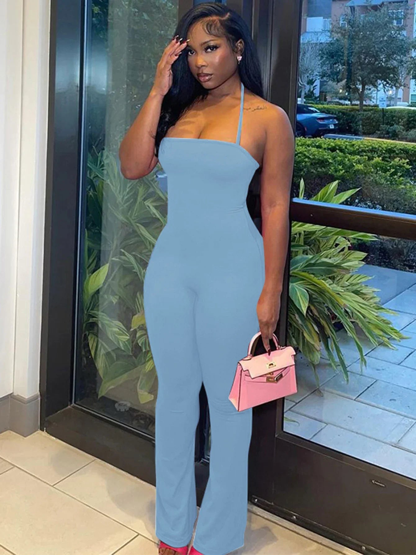 Sleeveless Halter Backless Bodycon Jumpsuit with Flare Pants Casual Rompers for Women Streetwear Festival Outfit