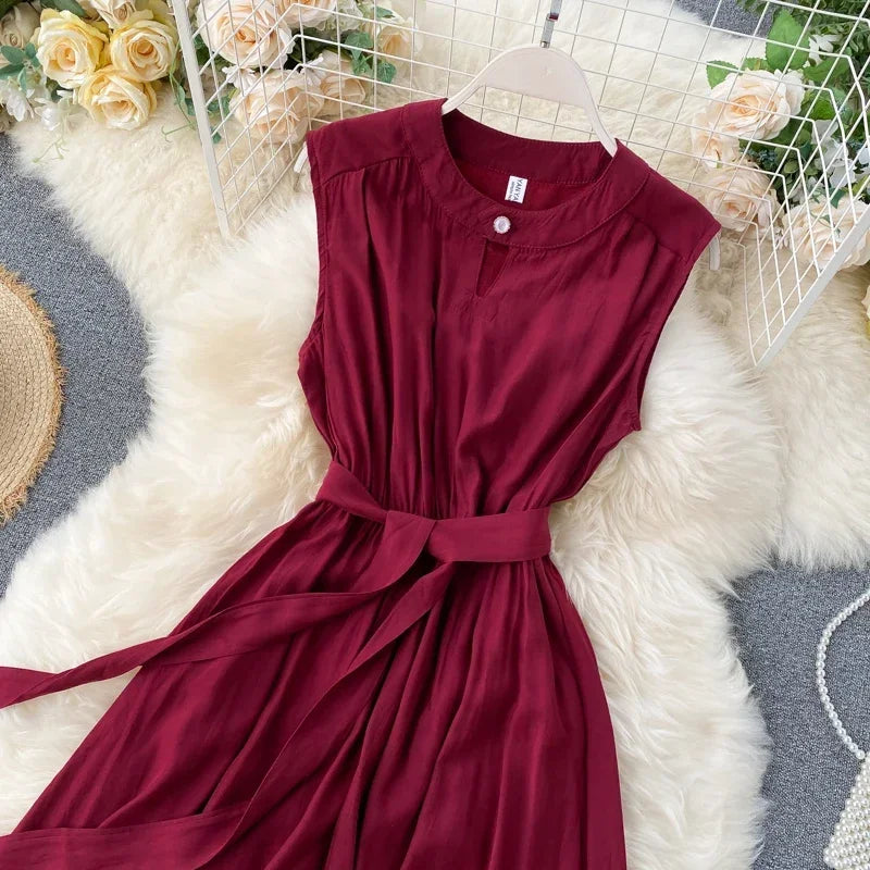 Sleeveless Summer Dress Solid Colors Green Blue Yellow Casual