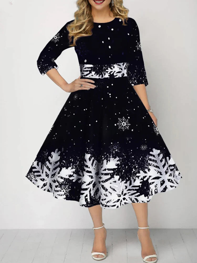Elegant Autumn A Line Midi Dress O Neck High Waist Christmas
