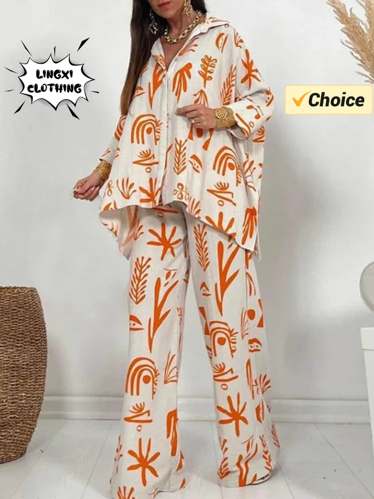 Summer Fashion Printed Women's Two Piece Set with Flip Collar Top and Wide Leg Pants