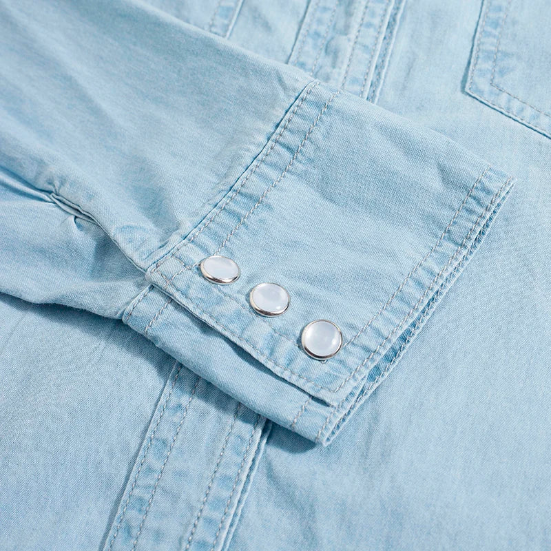 Elegant Sky Blue Denim Shirt for Women Long Sleeve Blouse with Pearl Buttons and Front Pockets Breathable Cotton Korean Style Top