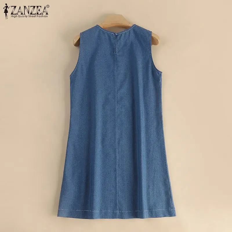 Denim Midi Dress for Women Sleeveless O Neck Blue Casual