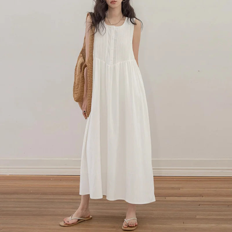Sleeveless Pleated Long Sundress For Summer Beach Casual
