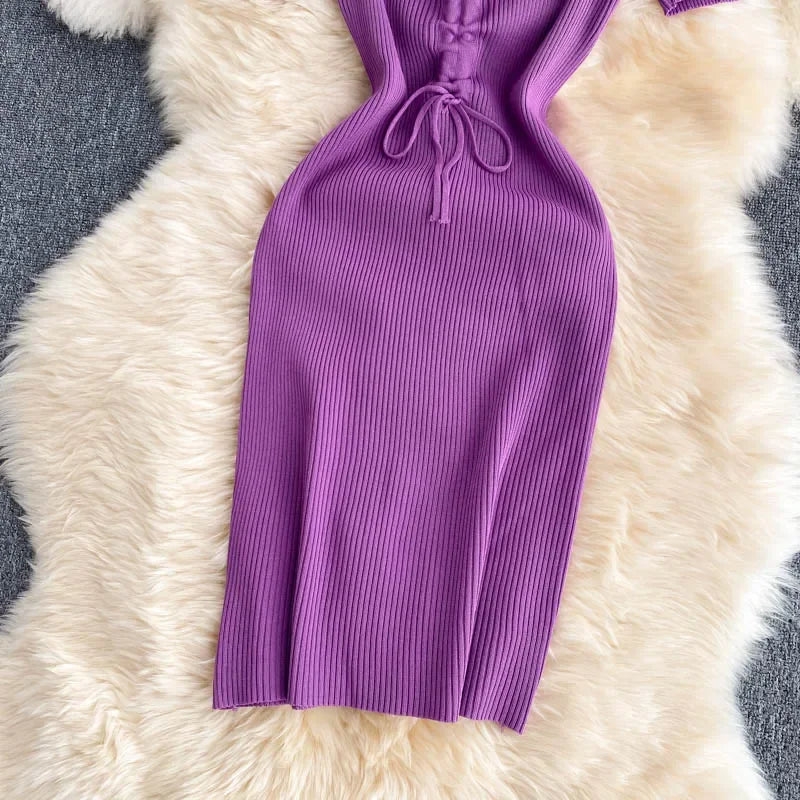 Korean Knit Bodycon Dress V Neck Drawstring Short Sleeves