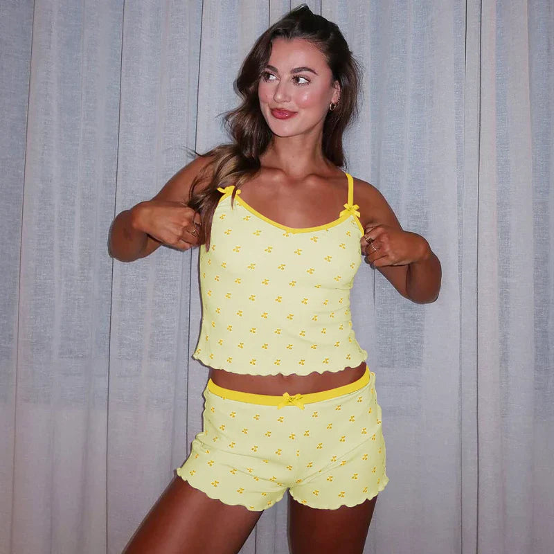 Cherry Print Two-Piece Matching Set with Slim Crop Camisole Top and Bow-Accent Shorts Summer Casual Festival and Workout Outfit for Women