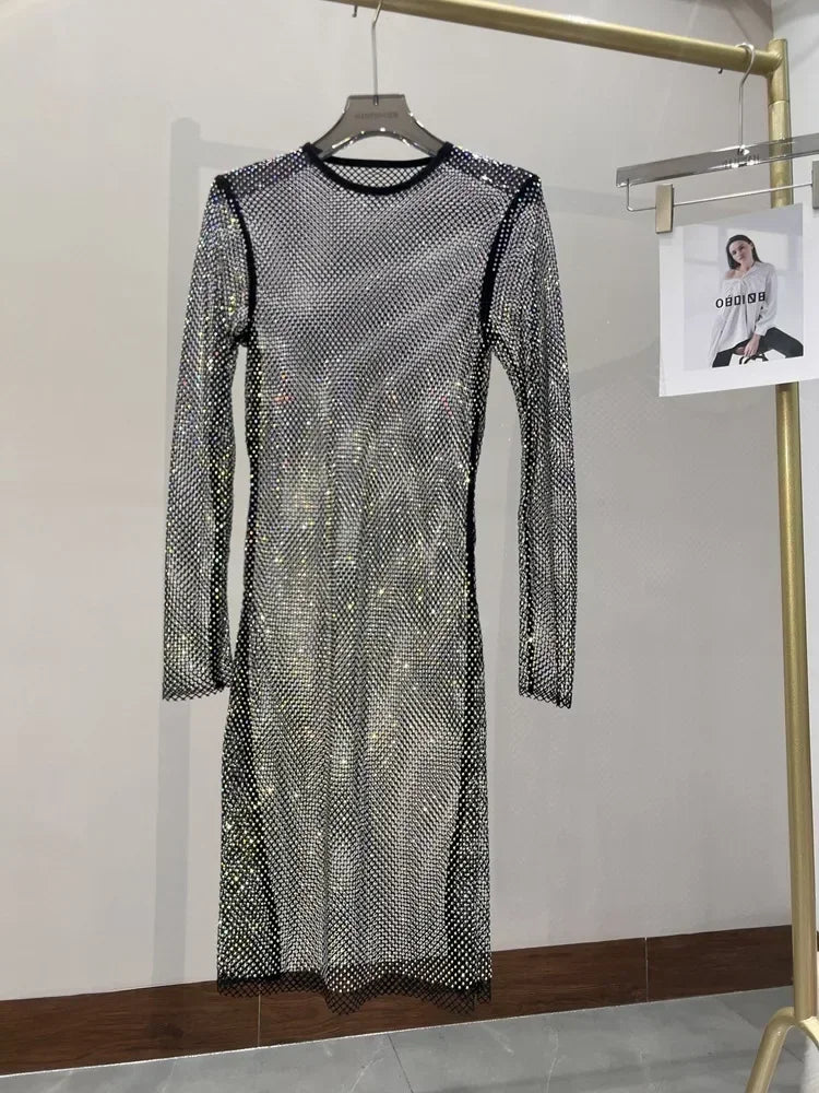 Colorful Sequin Diamond Dress Round Neck Midi Hollow
