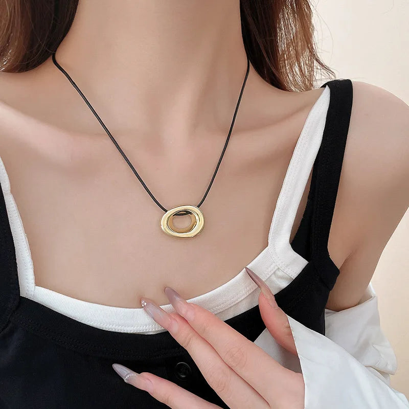 Punk Large U-Shape Geometric Pendant Necklace for Men and Women Adjustable Leather Rope Sweater Chain Jewelry