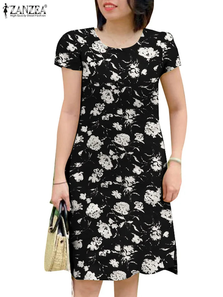 Floral Bohemian Sundress For Summer O Neck Short Sleeve